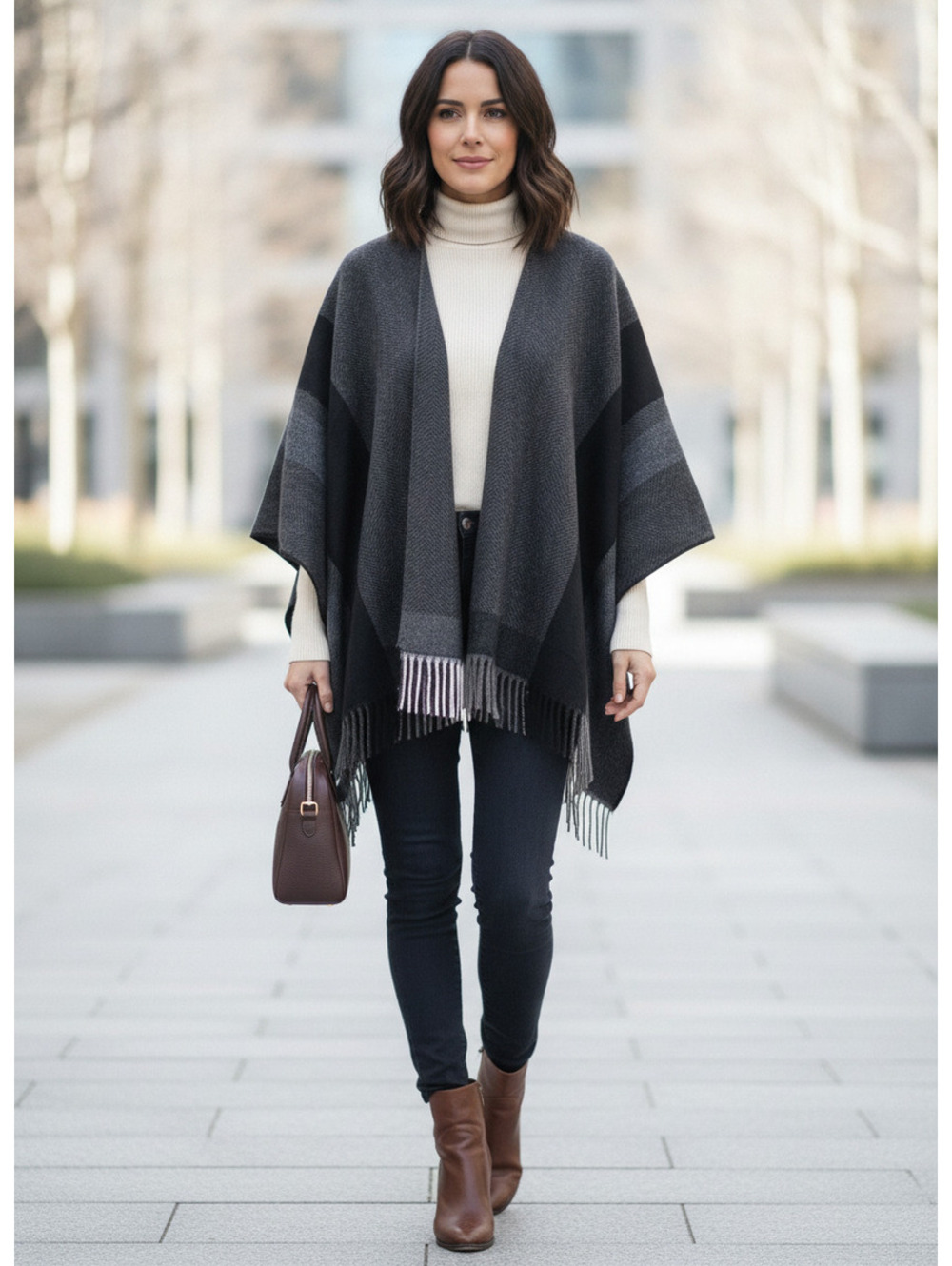 Banana Republic brand new Gray Plaid Fringe Poncho One Size quiet luxury grandma